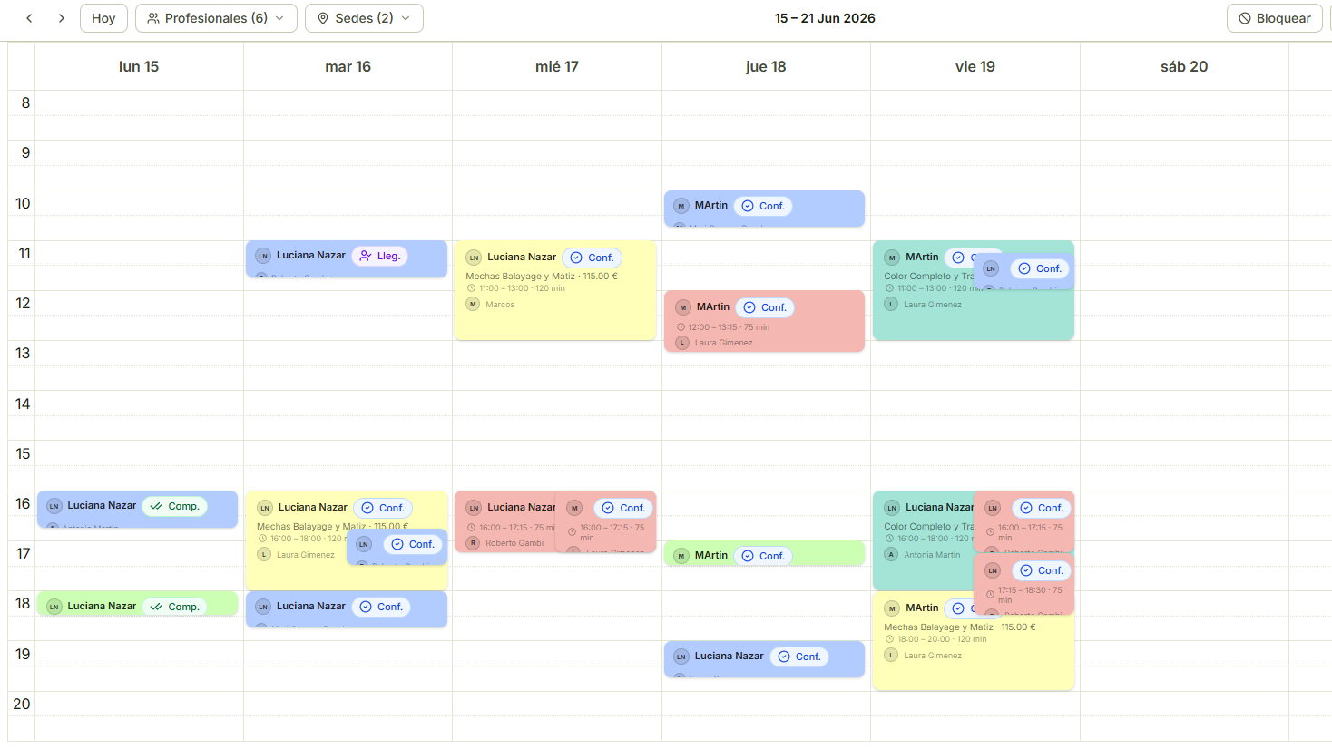 Calendario de TurnoChic con las citas de la semana por profesional